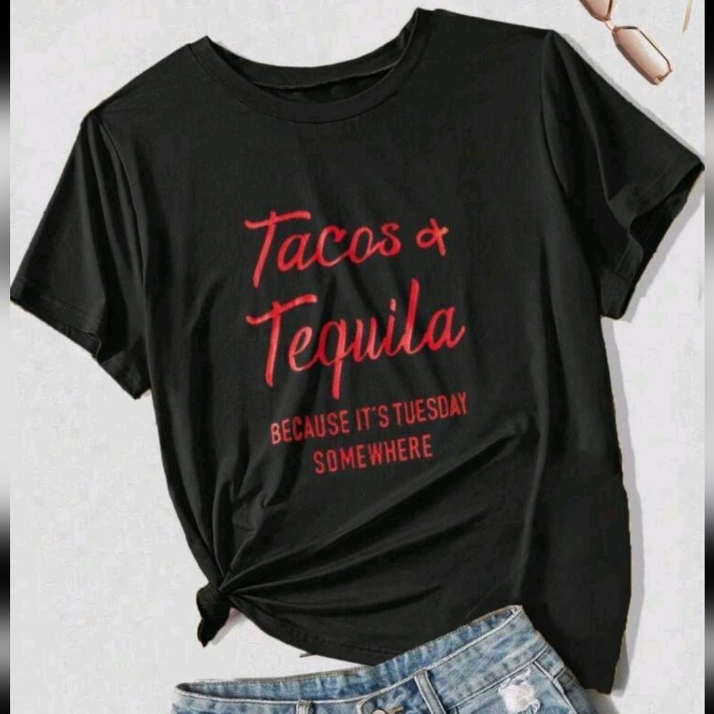 Tacos & Tequila Graphic Tee - Black with Pink Script